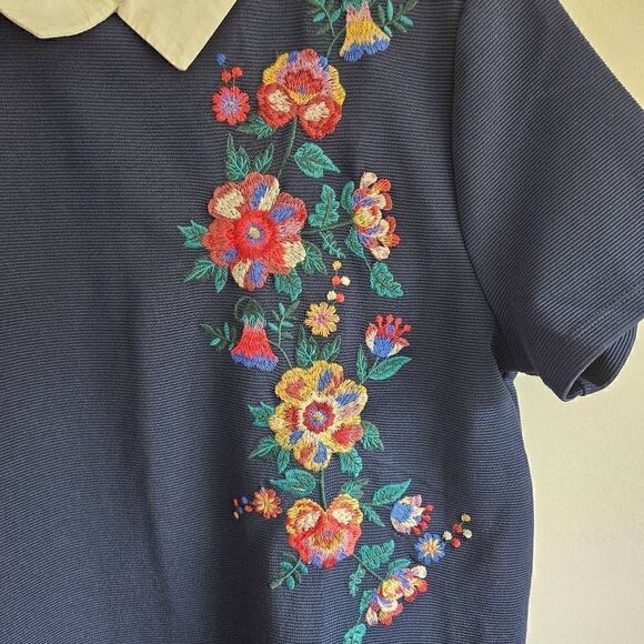 Mine Shirt Dress Mini Shift Embroidered Floral Collar Short Sleeve Navy M - Picture 2 of 6
